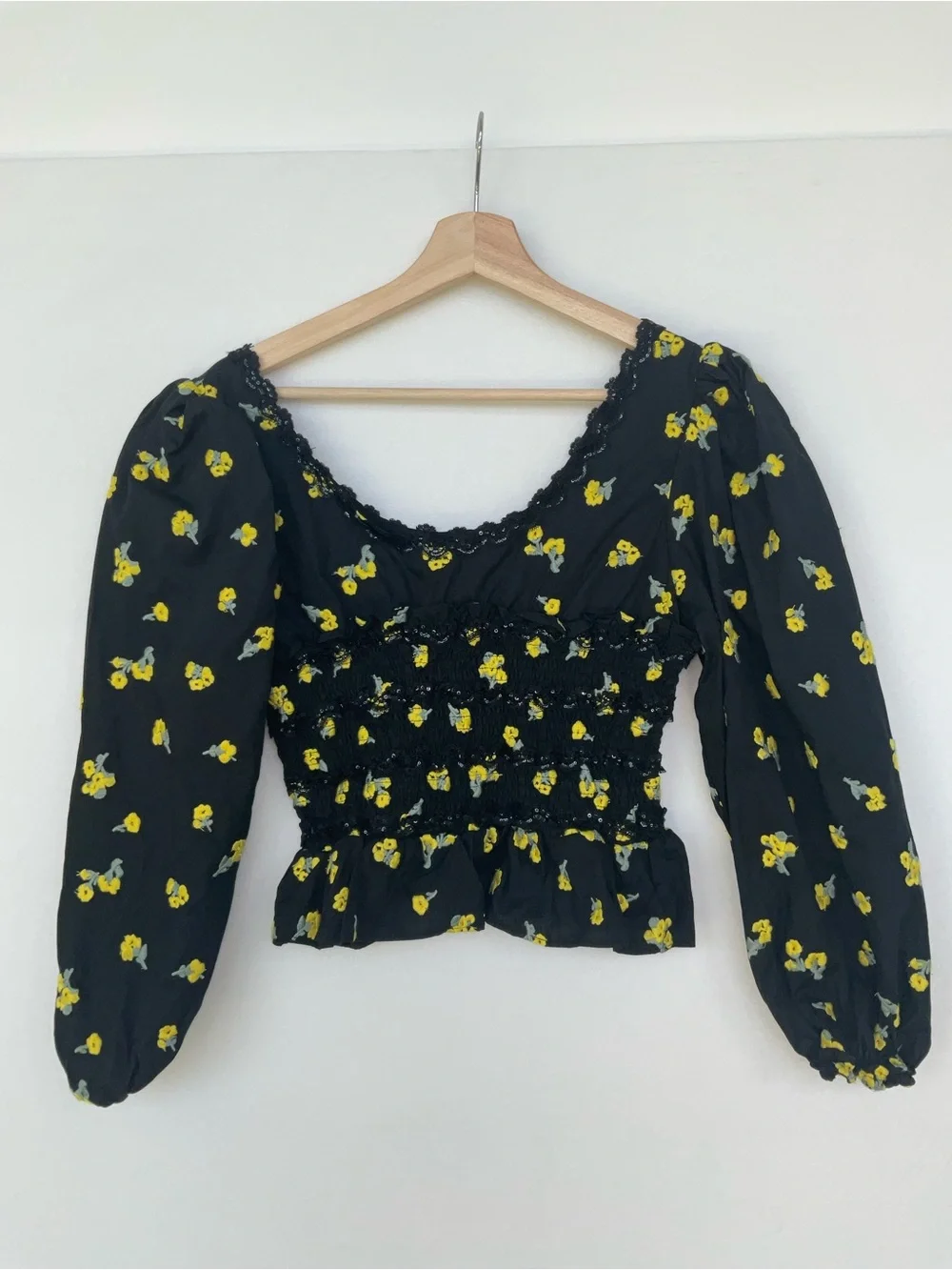 Sister Jane Black Smocked Blouse with Yellow Floral Print